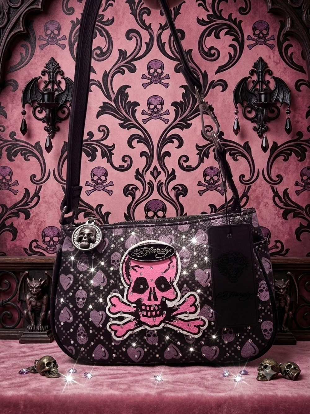 Ed Hardy Pink Skull Crossbones Shoulder Bag